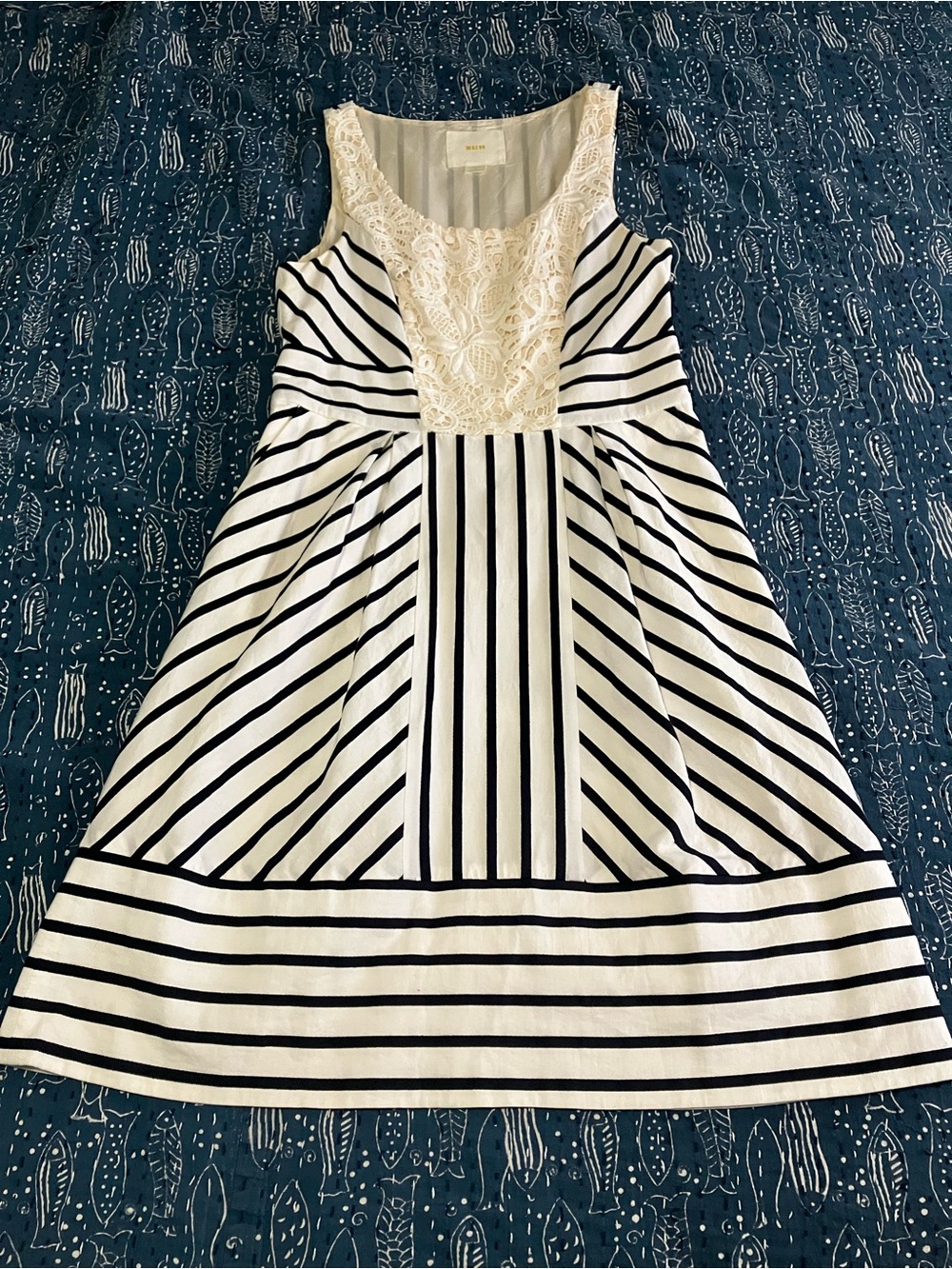 White and Black Striped Maeve Dress with Cream Lace